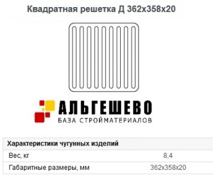 Квадратная решетка для дождеприемника Д-А15-1, размеры 362х358х20
