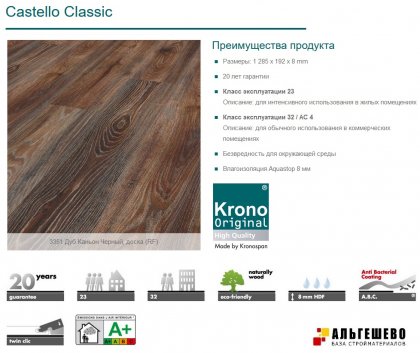 3351 Ламинат KRONOSPAN Castello Classic Дуб Каньон черный, 1285х192х8, 32 кл, упак. 9 шт., 2,22 м2