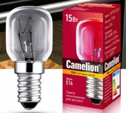 Camelion лампа накаливания для духовок (+300°) E14 15W 220V прозрачная 56x25 15/PT/CL/E14