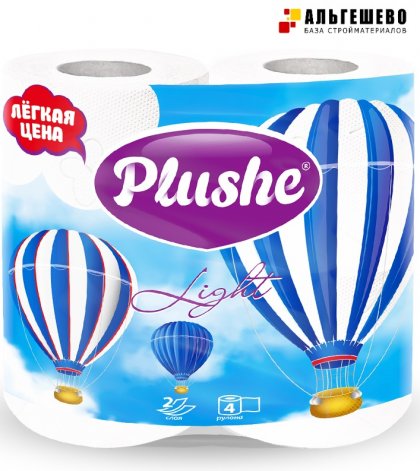 Бумага туалетная целлюлозная Plushe Light White, 2 слоя, 4 рулона 15 x 4 = 60 метров