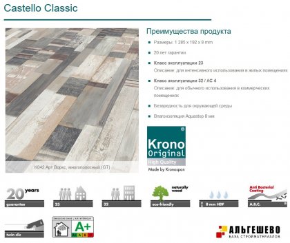 K042 Ламинат KRONOSPAN Castello Classic Арт Воркс, 1285х192х8, 32 кл, упак. 9 шт., 2,22 м2